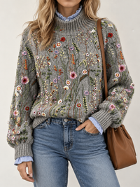 Chunky Floral Embroidered Crew Neck Sweater in Grey