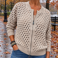 Chunky Open Knit Zip-Up Cardigan with Ribbed Collar