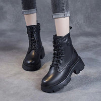 Chunky Platform Leather Ankle Boots with Lace-Up Front