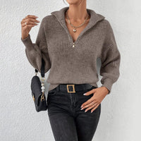 Chunky Ribbed Half Zip Sweater with Stand Collar