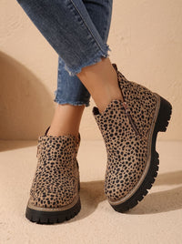 Chunky Sole Suede Ankle Boots with Side Zip and Animal Print