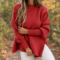 Chunky Waffle Knit Sweater with High-Low Hem and Mock Neck