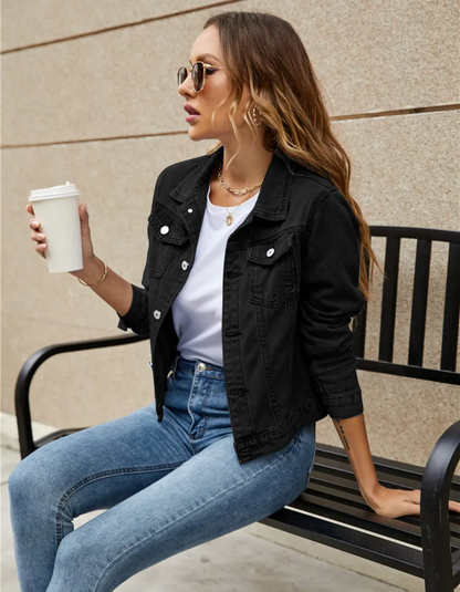 Classic Cropped Denim Jacket with Button Front and Chest Pockets