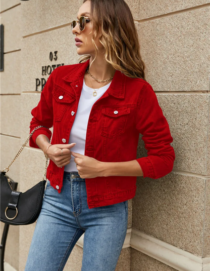 Classic Cropped Denim Jacket with Button Front and Chest Pockets
