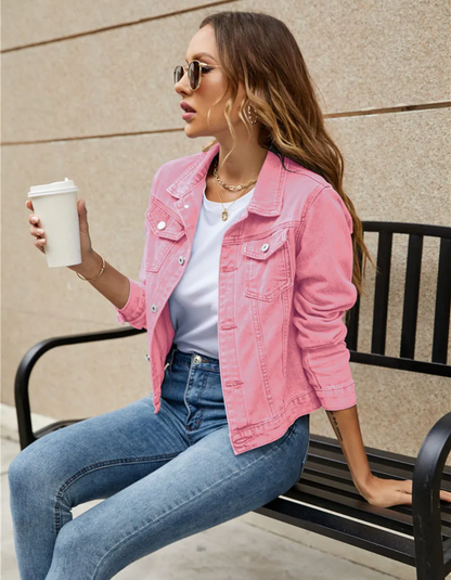 Classic Cropped Denim Jacket with Button Front and Chest Pockets