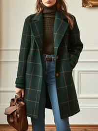 Classic Dark Green Plaid Wool Coat with Notch Lapels