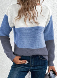 Color Block Waffle Knit Jumper with Round Neck