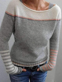 Colour Block Sweater with Wide Neckline and Striped Cuffs