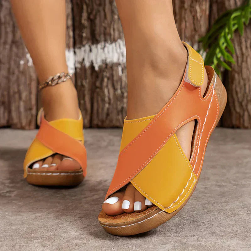 Colour Block Wedge Sandals with Crossover Strap