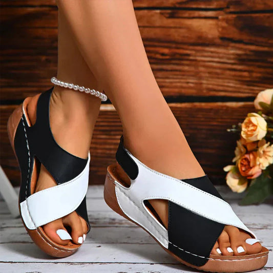 Colour Block Wedge Sandals with Crossover Strap