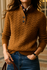 Cosy Cable Knit Sweater with Stand Collar and Button Neck