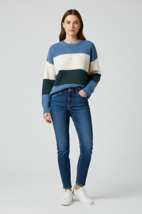 Cosy Colour Block Striped Sweater with Crew Neck