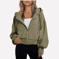 Cosy Cropped Zip Up Hoodie with Drawstring Hood and Front Pockets