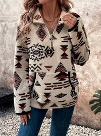 Cosy Fleece Half Zip Pullover with Aztec Print and Kangaroo Pocket