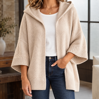 Cosy Hooded Open Front Cardigan with Wide Three-Quarter Sleeves