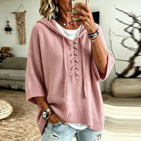 Cosy Hooded Sweater with Lace Up V-Neckline and Batwing Sleeves