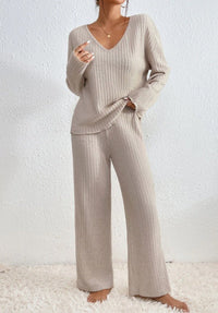 Cosy Ribbed Knit Two Piece Set with V-Neckline and Wide Leg Trousers