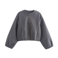 Cropped Bomber Jacket with Zip Front and Balloon Sleeves