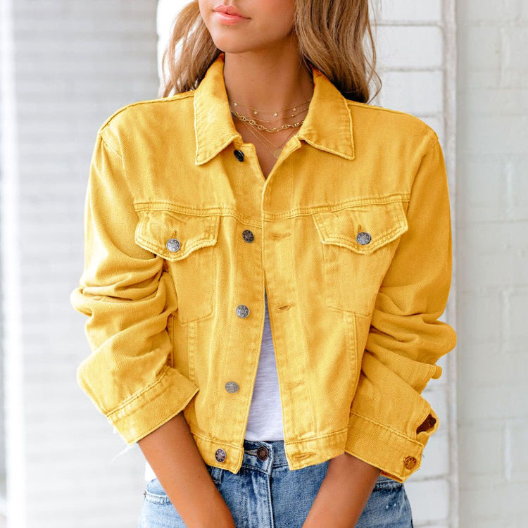 Cropped Denim Jacket with Button Front and Chest Pockets
