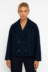 Cropped Double Breasted Pea Coat with Wide Lapels