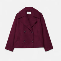 Cropped Double Breasted Wool Pea Coat with Wide Collar