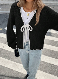 Cropped Knit Cardigan with Contrast Trim and Tie Front