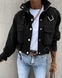 Cropped Utility Jacket with Zip and Snap Button Closure