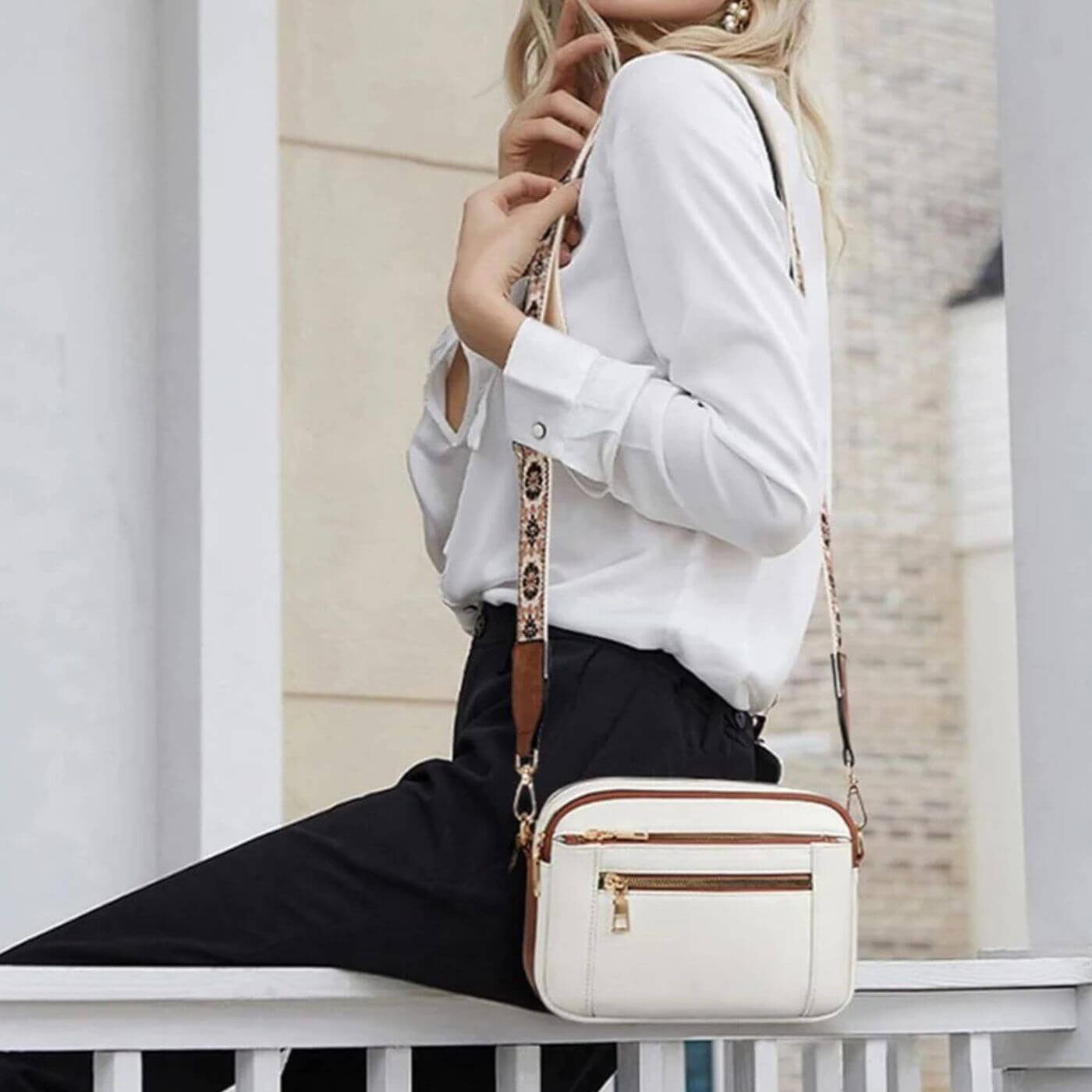 Leather Crossbody Bag with Embroidered Strap and Multi-Zip Pockets
