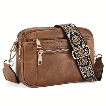 Leather Crossbody Bag with Embroidered Strap and Multi-Zip Pockets