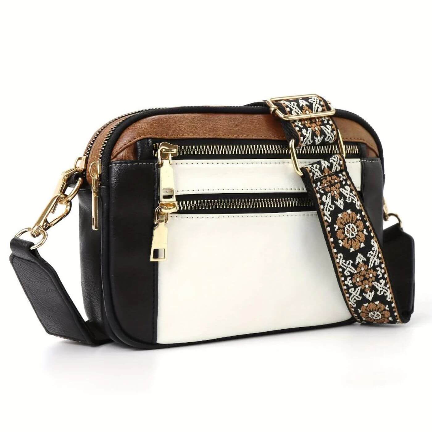 Leather Crossbody Bag with Embroidered Strap and Multi-Zip Pockets
