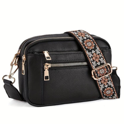 Leather Crossbody Bag with Embroidered Strap and Multi-Zip Pockets