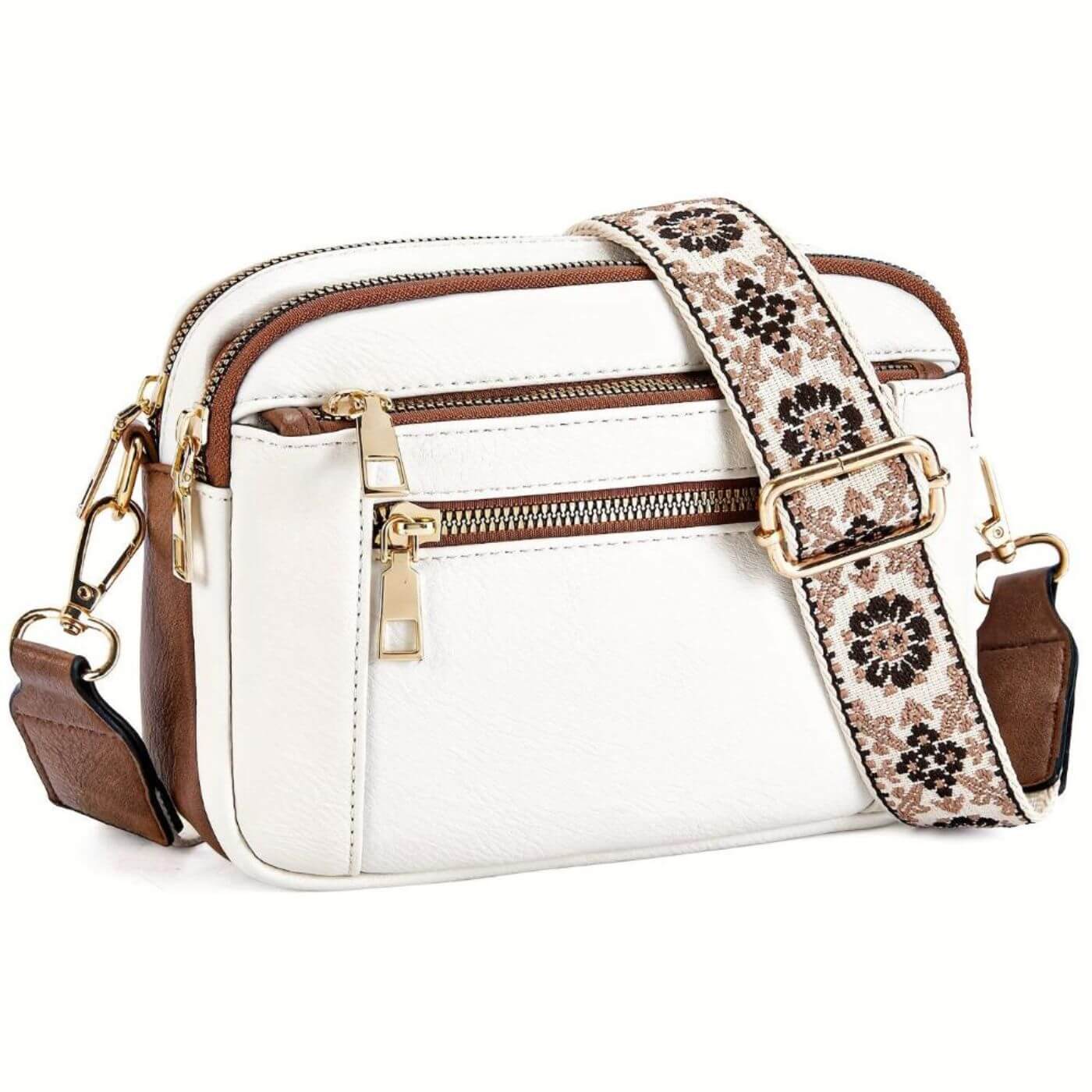 Leather Crossbody Bag with Embroidered Strap and Multi-Zip Pockets