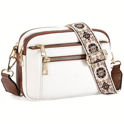 Leather Crossbody Bag with Embroidered Strap and Multi-Zip Pockets
