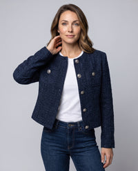 Dark Blue Cropped Tweed Blazer with Silver Buttons