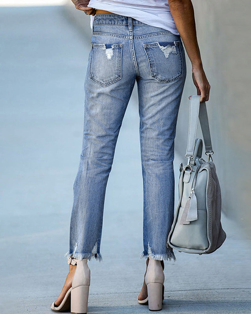 Distressed Ripped Jeans with Raw Hem and Straight Leg