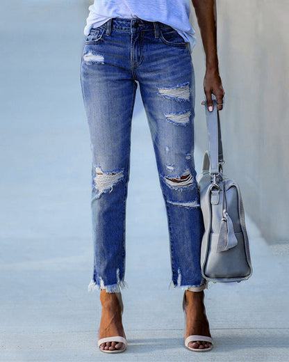 Distressed Ripped Jeans with Raw Hem and Straight Leg