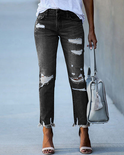 Distressed Ripped Jeans with Raw Hem and Straight Leg