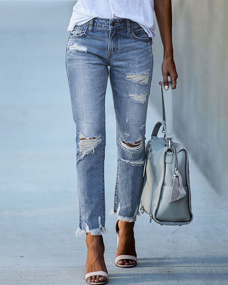 Distressed Ripped Jeans with Raw Hem and Straight Leg