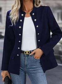 Double Breasted Blazer with Silver Buttons and Stand Collar