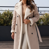 Double Breasted Leather Coat with Plush Sherpa Lining and Belt