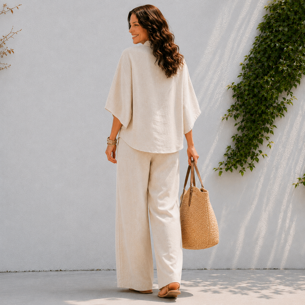 Effortless Linen Two Piece Set with Wide Sleeve Top and Wide Leg Trousers