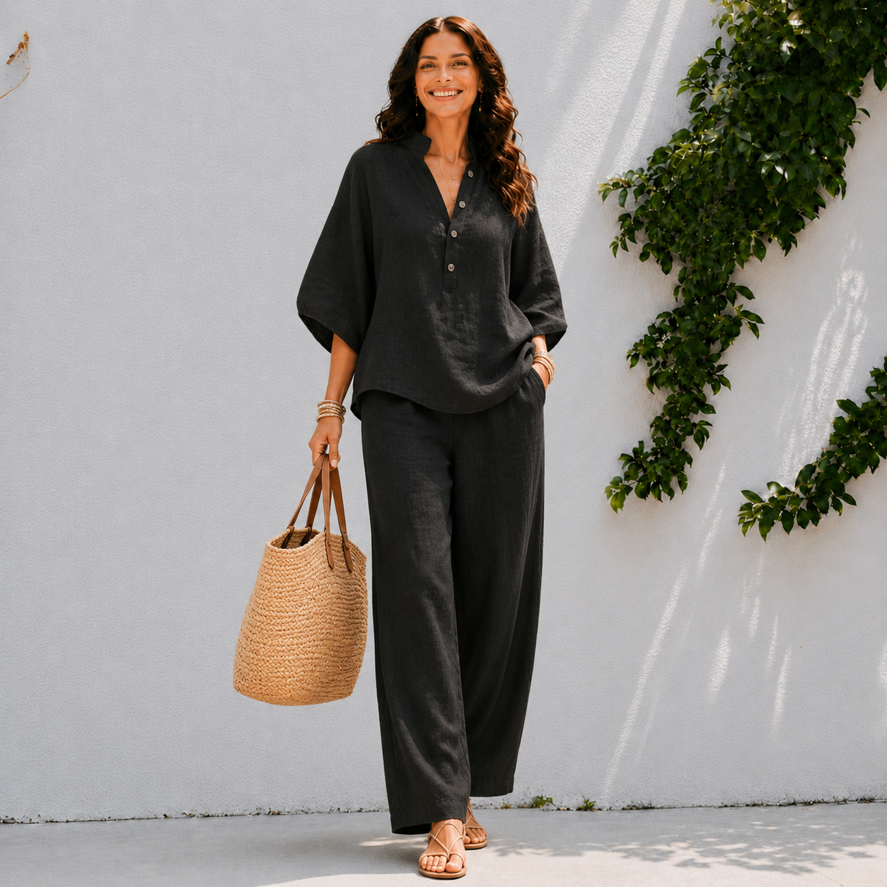 Effortless Linen Two Piece Set with Wide Sleeve Top and Wide Leg Trousers