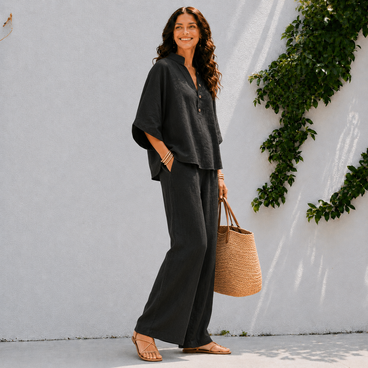 Effortless Linen Two Piece Set with Wide Sleeve Top and Wide Leg Trousers