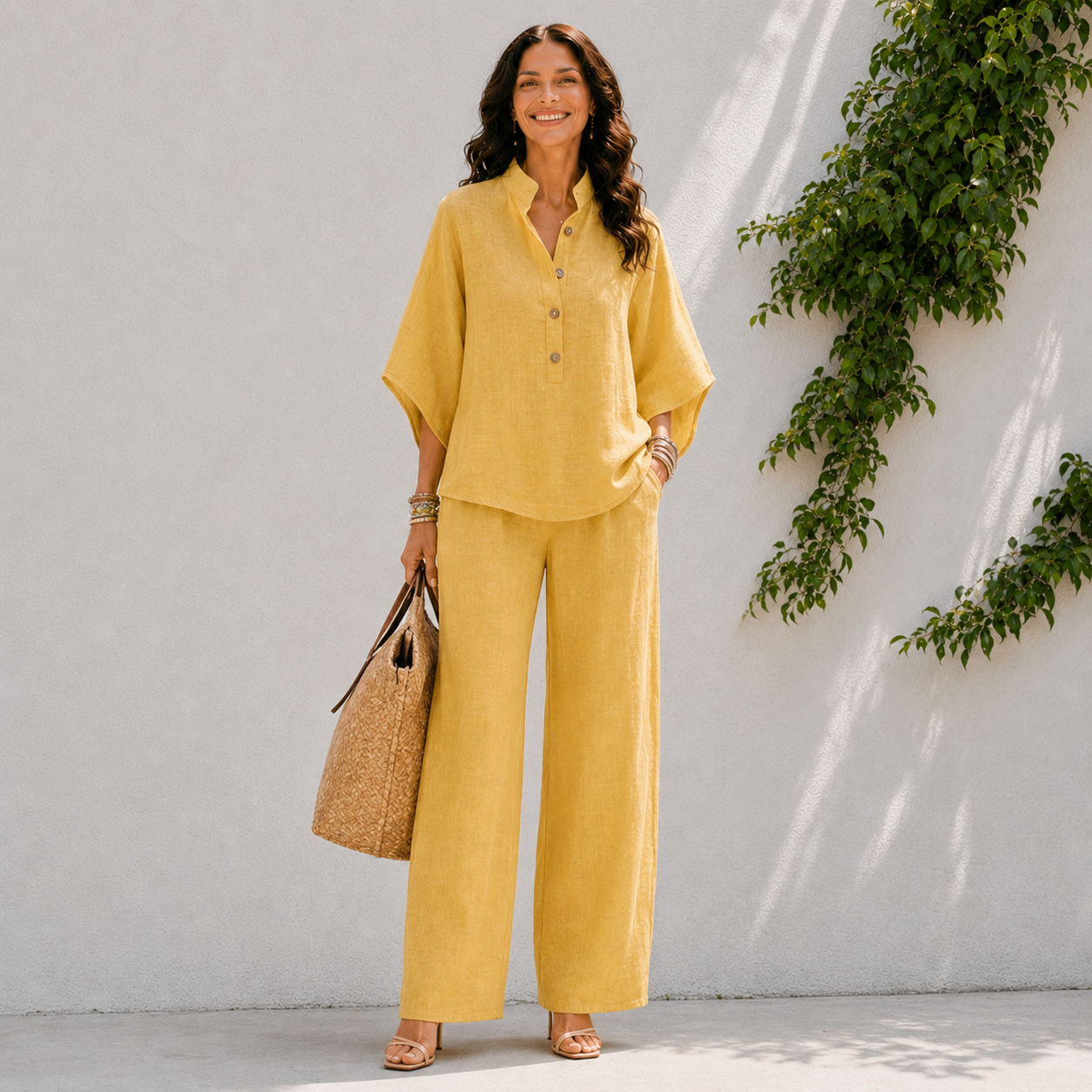 Effortless Linen Two Piece Set with Wide Sleeve Top and Wide Leg Trousers