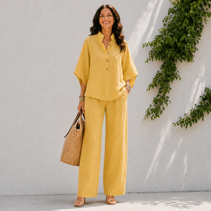 Effortless Linen Two Piece Set with Wide Sleeve Top and Wide Leg Trousers