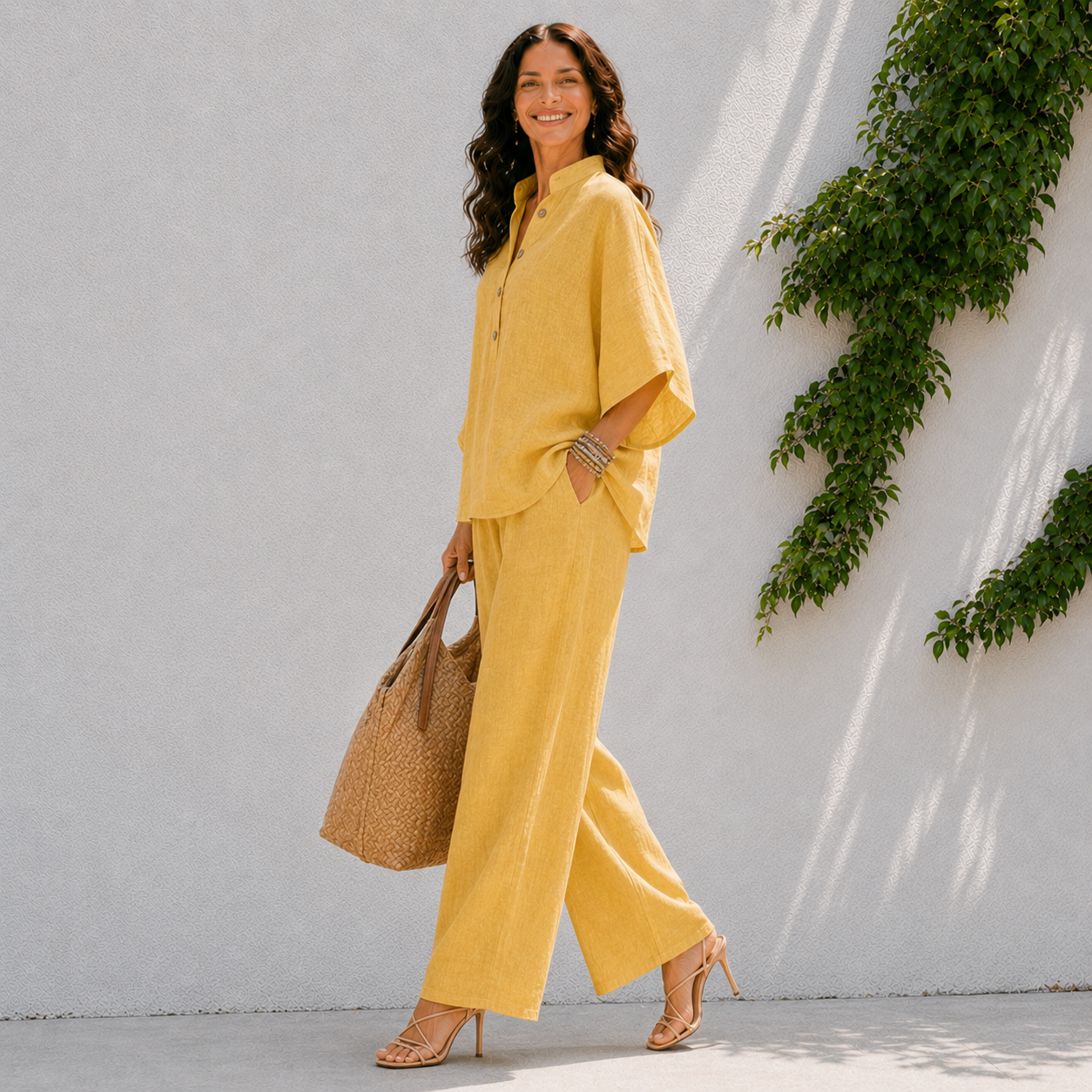 Effortless Linen Two Piece Set with Wide Sleeve Top and Wide Leg Trousers