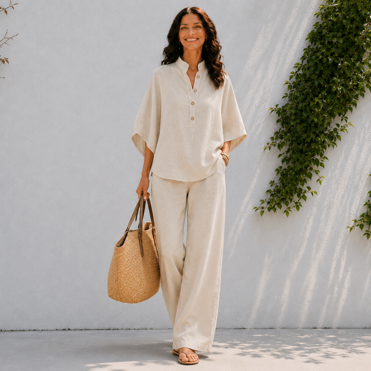 Effortless Linen Two Piece Set with Wide Sleeve Top and Wide Leg Trousers