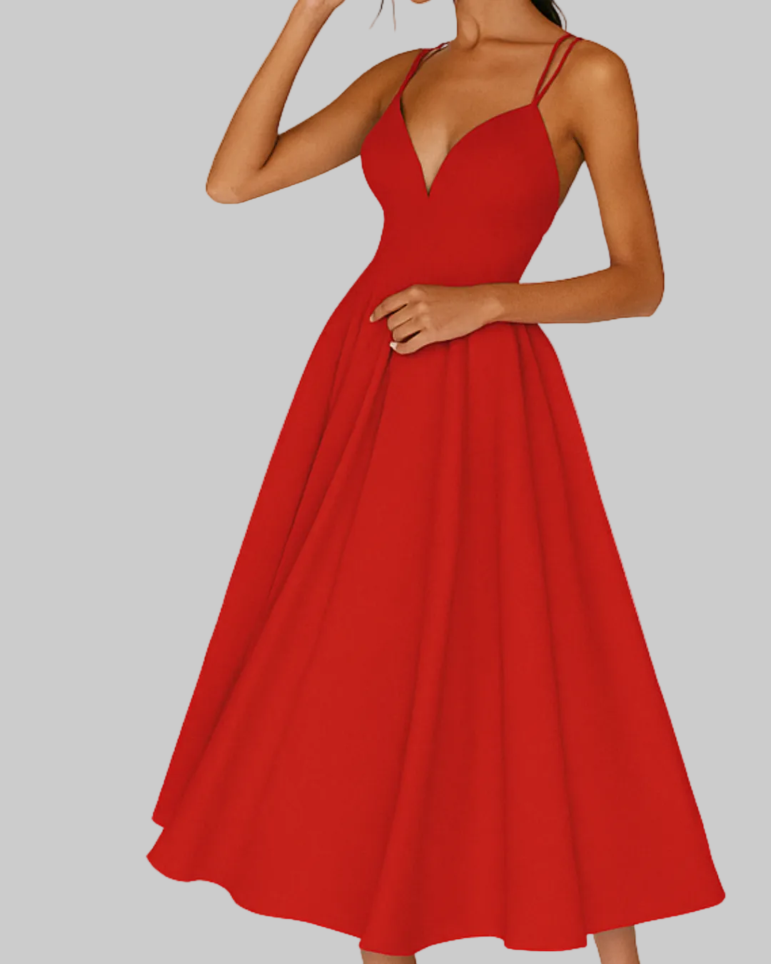 Elegant A-Line Midi Dress with Deep V-Neckline and Strappy Back