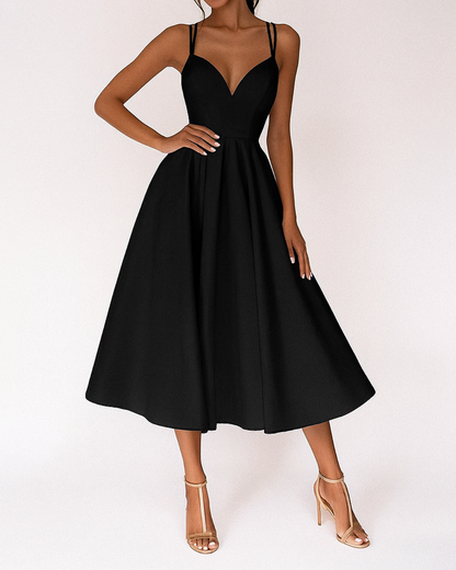 Elegant A-Line Midi Dress with Deep V-Neckline and Strappy Back