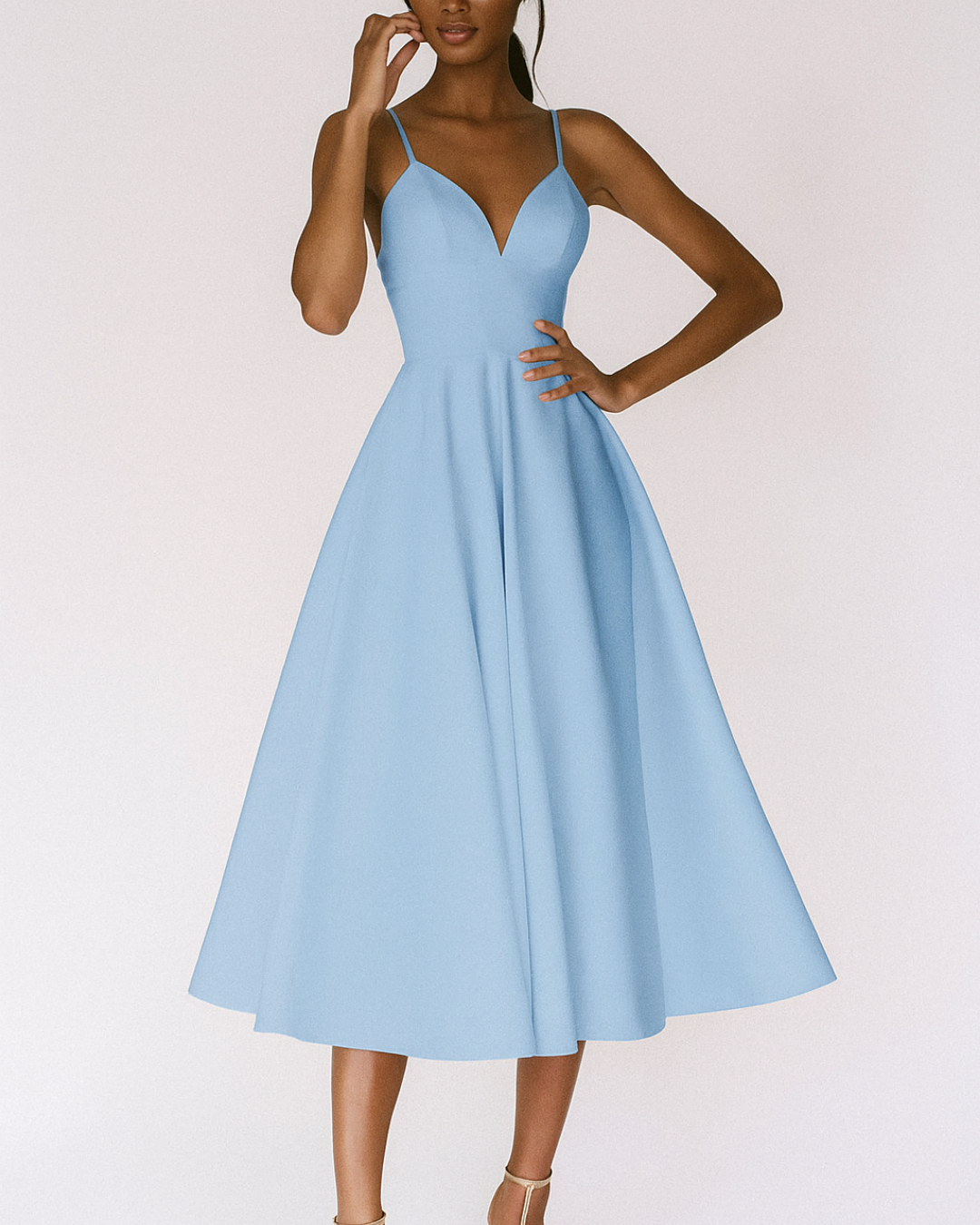 Elegant A-Line Midi Dress with Deep V-Neckline and Strappy Back